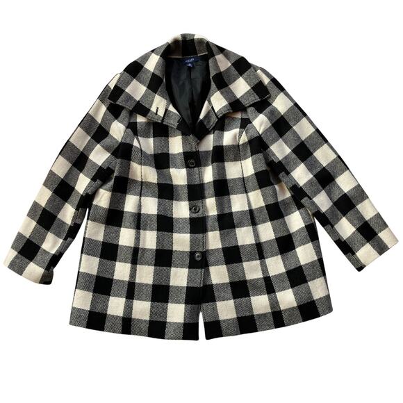 Chaps Black and White Plaid Wool Blend Coat Size XL Wide Collar A-Line - Picture 1 of 7